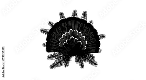 A black and white illustration of a turkey's fanned tail feathers and body from a top-down perspective.