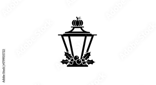 A black and white illustration of a decorative lantern with a pumpkin and holly leaves.