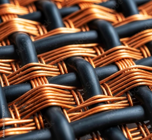 closeup view black cable copper wire weave woven square-weave metal metallic industry