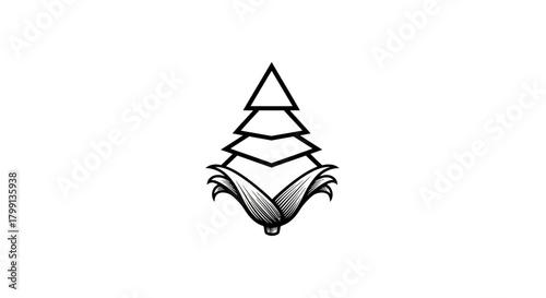 A stylized black and white illustration of a pine tree merging into a corn cob at its base.