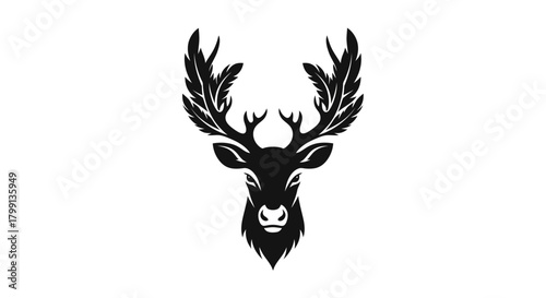 A striking black silhouette of a stag's head with elaborate, feather-like antlers against a white background.