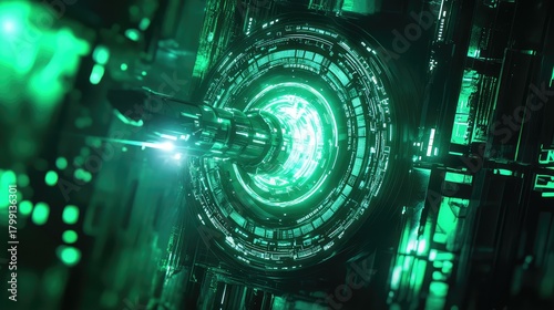 Fototapeta Naklejka Na Ścianę i Meble -  Spaceship traveling through futuristic green energy tunnel