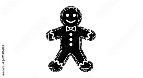 A black silhouette of a gingerbread man with a bow tie and buttons.