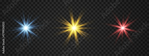 Blue, yellow and red light flare effects. Glowing sun rays with shine, glint bursts. Vector starburst with radial beams. PNG overlay for photo design, spotlight accents.