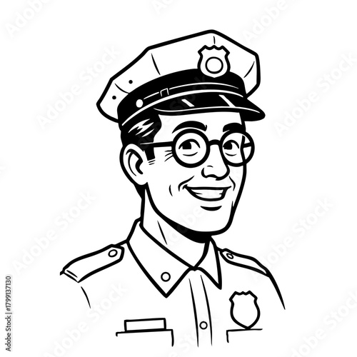 Smiling police officer portrait in uniform with badge and hat
