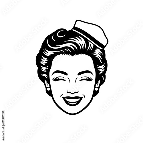 Vintage woman smiling with retro hairstyle and hat