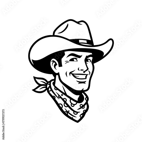 Smiling cowboy head with bandana vintage illustration
