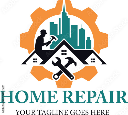 Home repair logo concept with houses worker tools and city skyline
