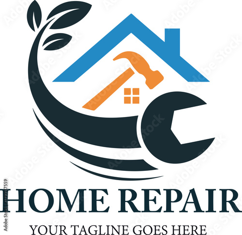 Home repair logo with house tools and green element vector