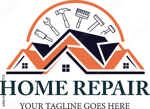 Home repair logo design with tools and house illustration vector