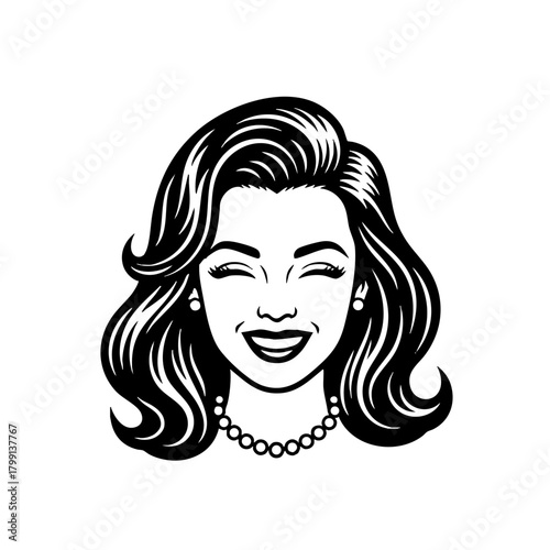 Happy Woman with Pearls and Wavy Hair