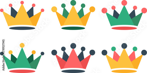 Set of colorful flat design crowns representing royalty and success