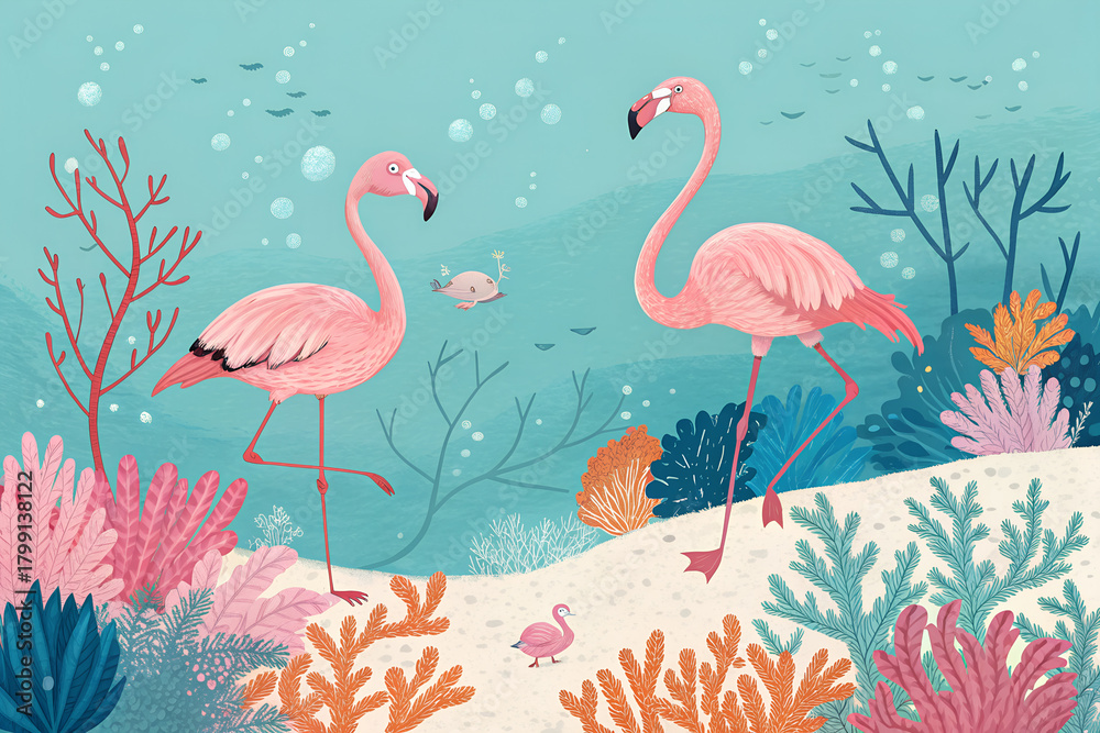 Obraz premium Pink flamingos on bright cyan background with sea corals, summer holiday concept