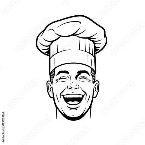 Happy chef face with toque hat laughing heartily in line art style