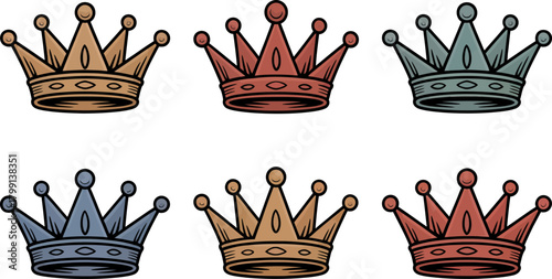 Colorful cartoon crown set in various styles, vector illustration