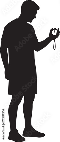 Silhouette coach timing athlete with stopwatch demonstrating training fitness sports