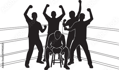 Boxing ring celebration victory and defeat silhouettes of athletes and winner