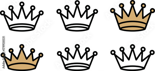 Minimalist golden and outline crown icons representing royalty