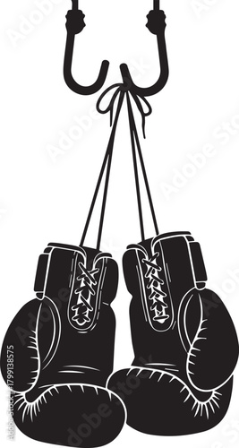 Classic boxing gloves hanging from hooks represents fight sport training and competition