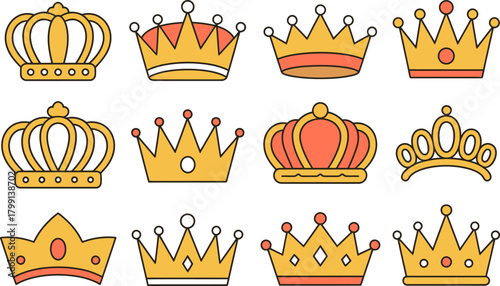 Stylized golden crowns vector set, symbols of power and success