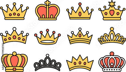 Collection of diverse gold and red royalty crown icons vector set