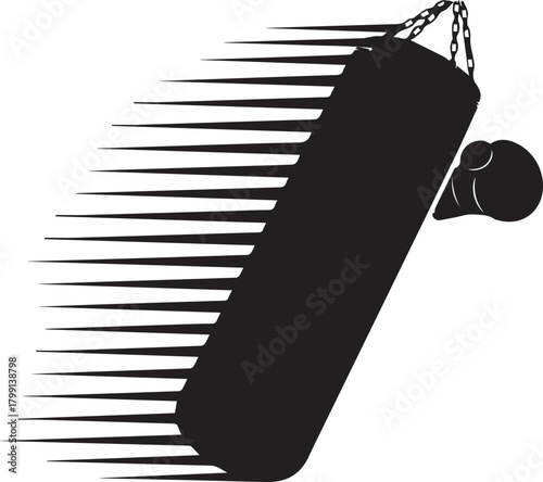 Dynamic black silhouette of punching bag and boxing glove motion blur