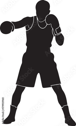 Silhouette boxer in fighting stance ready to punch sport athlete silhouette isolated