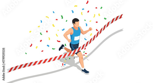 Isometric Athlete Running to Victory Reaching the Finish Line Tape
