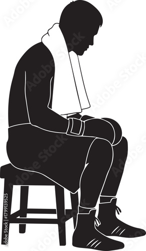 Exhausted boxer silhouette sitting on stool with towel over neck boxing day