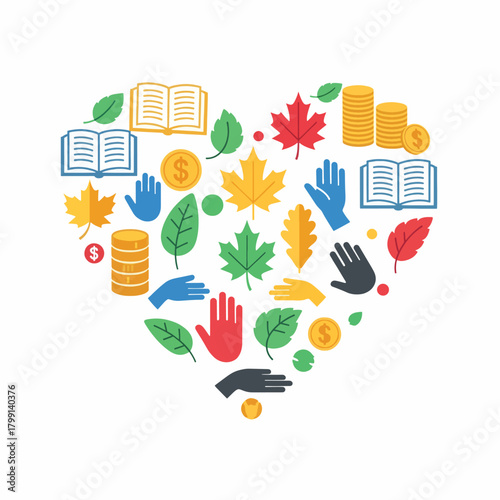 A heart-shaped arrangement of colorful icons symbolizing charity, donation, education, and community support