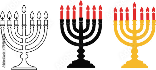 Three menorahs with candles isolated on for hanukkah holiday