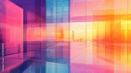 Modern glass building reflecting vibrant cityscape sunset colors