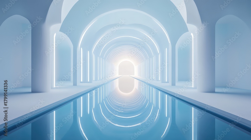 Fototapeta premium Modern architectural hallway with long reflective pool