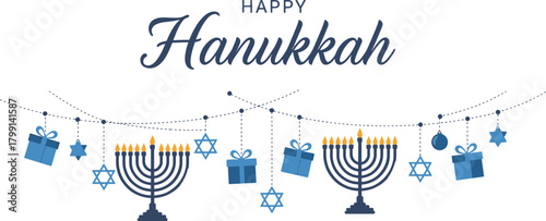 Happy hanukkah greeting card with menorah and gift isolated on