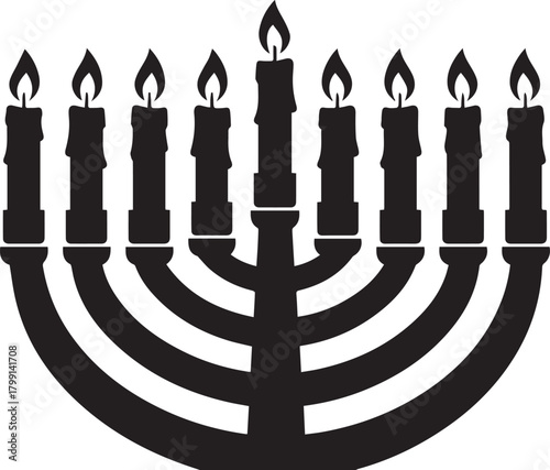 Black silhouette of a hanukkah menorah with nine candles isolated on