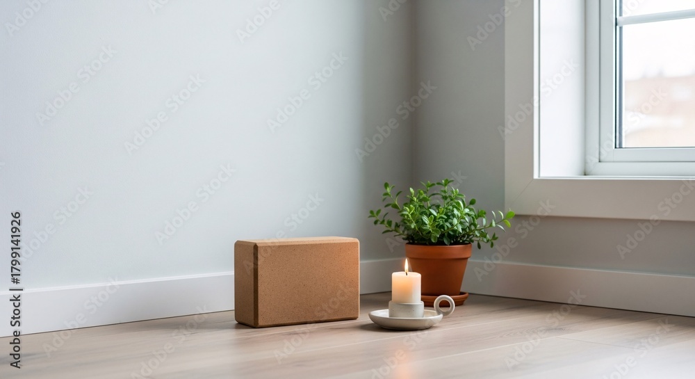 Fototapeta premium Zen Corner Minimalist Home Interior with Yoga Block Candle Plant Serene Still Life Harmony Relaxation Wellbeing Mindfulness Calmness Meditation Retreat Indoor Space Wellness