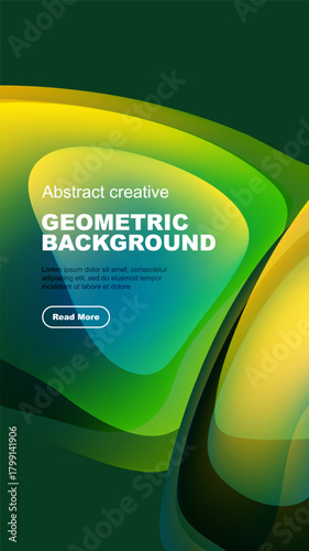 Abstract geometric background features vibrant green, yellow gradients. Text sample present with button. Modern design elements visible.