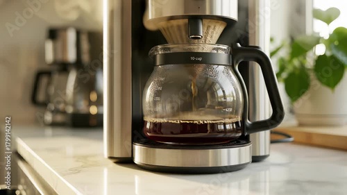 Freshly brewed coffee maker on sleek countertop showcases punctuality and productivity, symbolizing modern lifes hustle and bustle where every minute counts, perfect for scenes requiring.