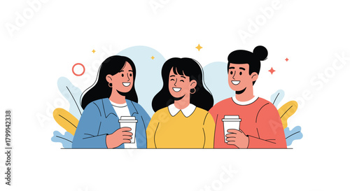 Three friends enjoying coffee together on a sunny day.