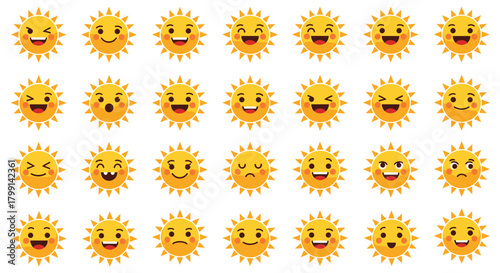 A collection of happy and expressive sun emojis with various facial features and emotions.
