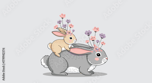 Cute bunnies with flowers blooming on their heads during spring.