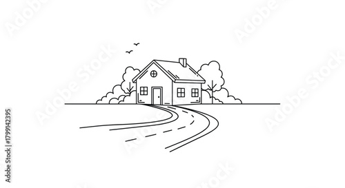 A charming little house nestled among trees with a winding path leading to its entrance.