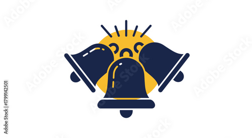 Three ringing bells illuminated by a bright shining sun signaling a festive celebration and joyous occasion.