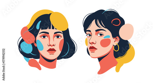 Abstract portraiture featuring two distinct female faces with vibrant colorful shapes.