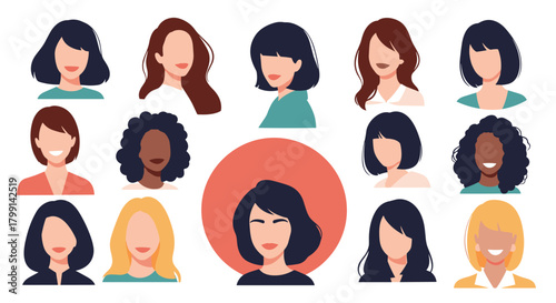 Diverse group of women portraits with different hairstyles and skin tones.