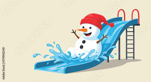 A cheerful snowman in a red hat gleefully slides down a water slide.