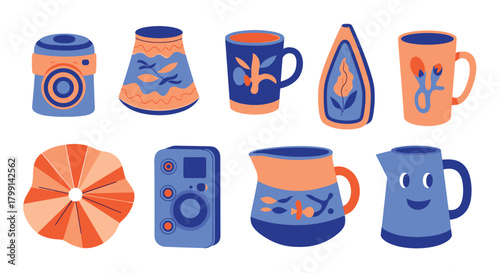Collection of charming and colorful ceramic vessels and mugs with unique decorative patterns.