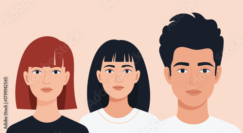 A diverse group of three young adults with different hairstyles and clothing stand close together.