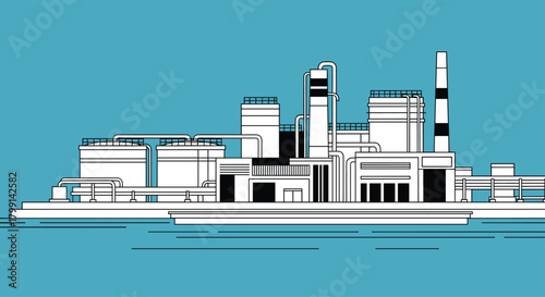 Illustration of a large industrial complex with various buildings and smokestacks under a bright blue sky.