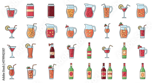 A collection of pixel art beverages including sodas cocktails and juices.